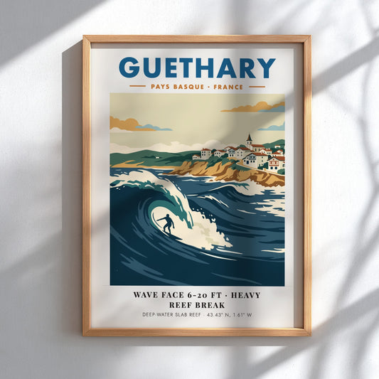 Guethary surf poster featuring a large blue wave and Basque village on cliffs.