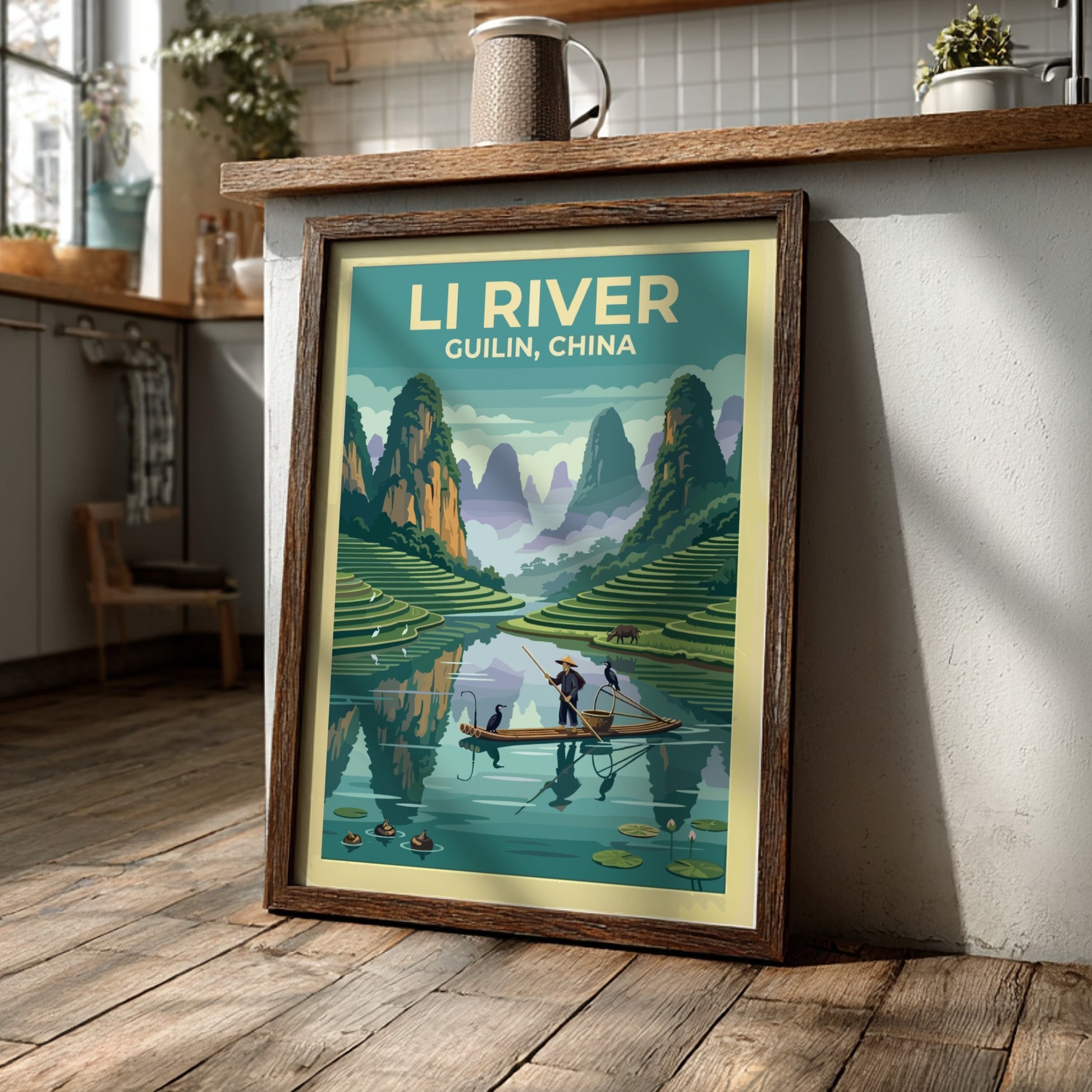 Travel poster of the Li River in Guilin featuring karst mountains and fishermen.