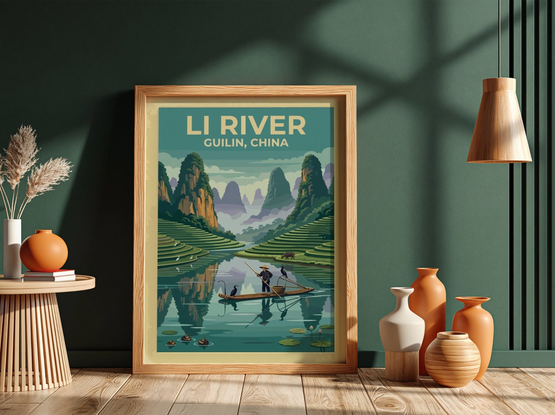 Travel poster of the Li River in Guilin featuring karst mountains and fishermen.