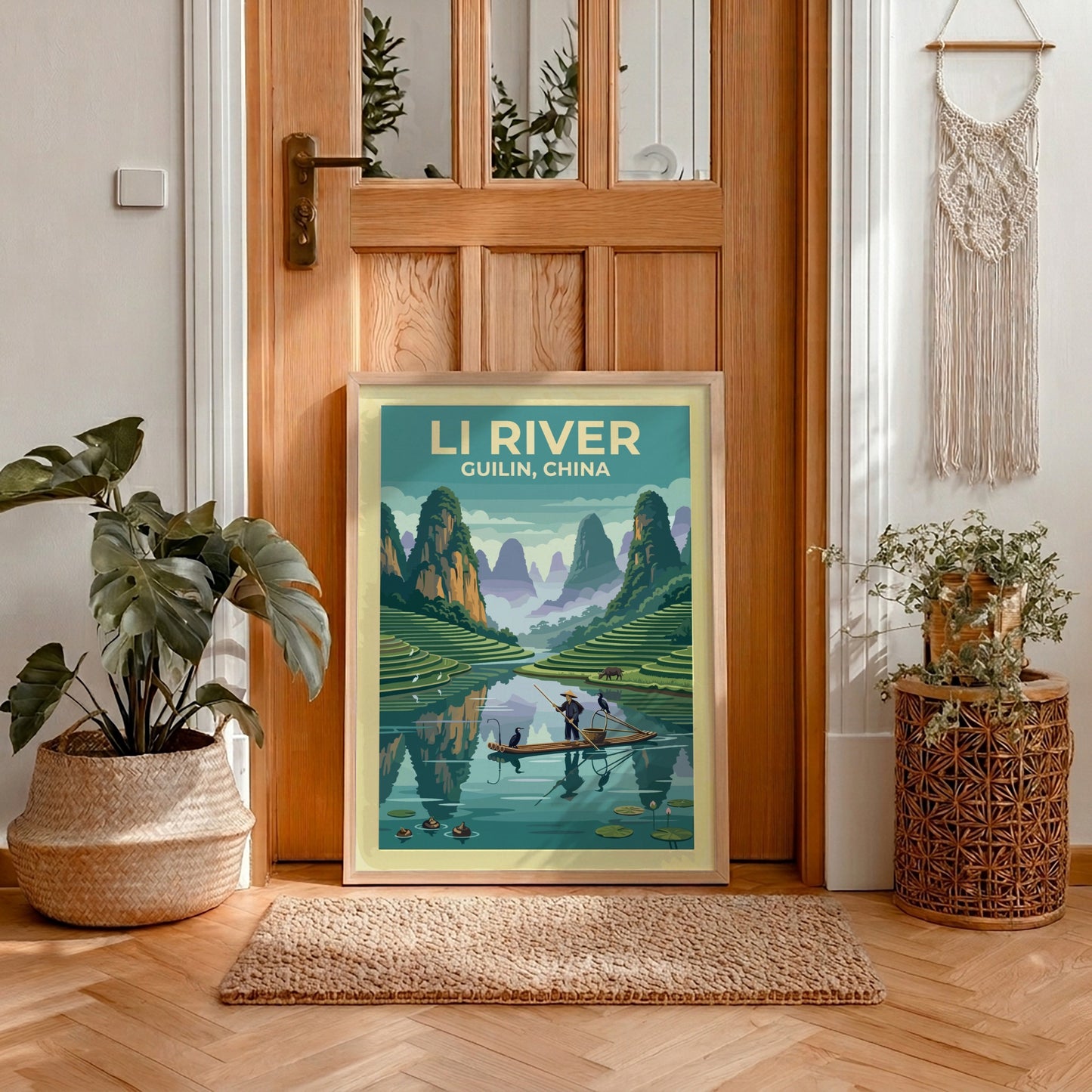 Travel poster of the Li River in Guilin featuring karst mountains and fishermen.