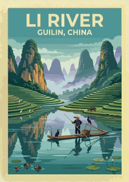 Travel poster of the Li River in Guilin featuring karst mountains and fishermen.