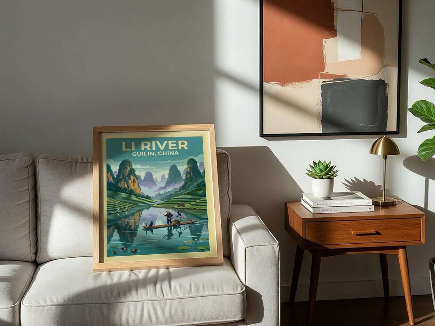 Travel poster of the Li River in Guilin featuring karst mountains and fishermen.