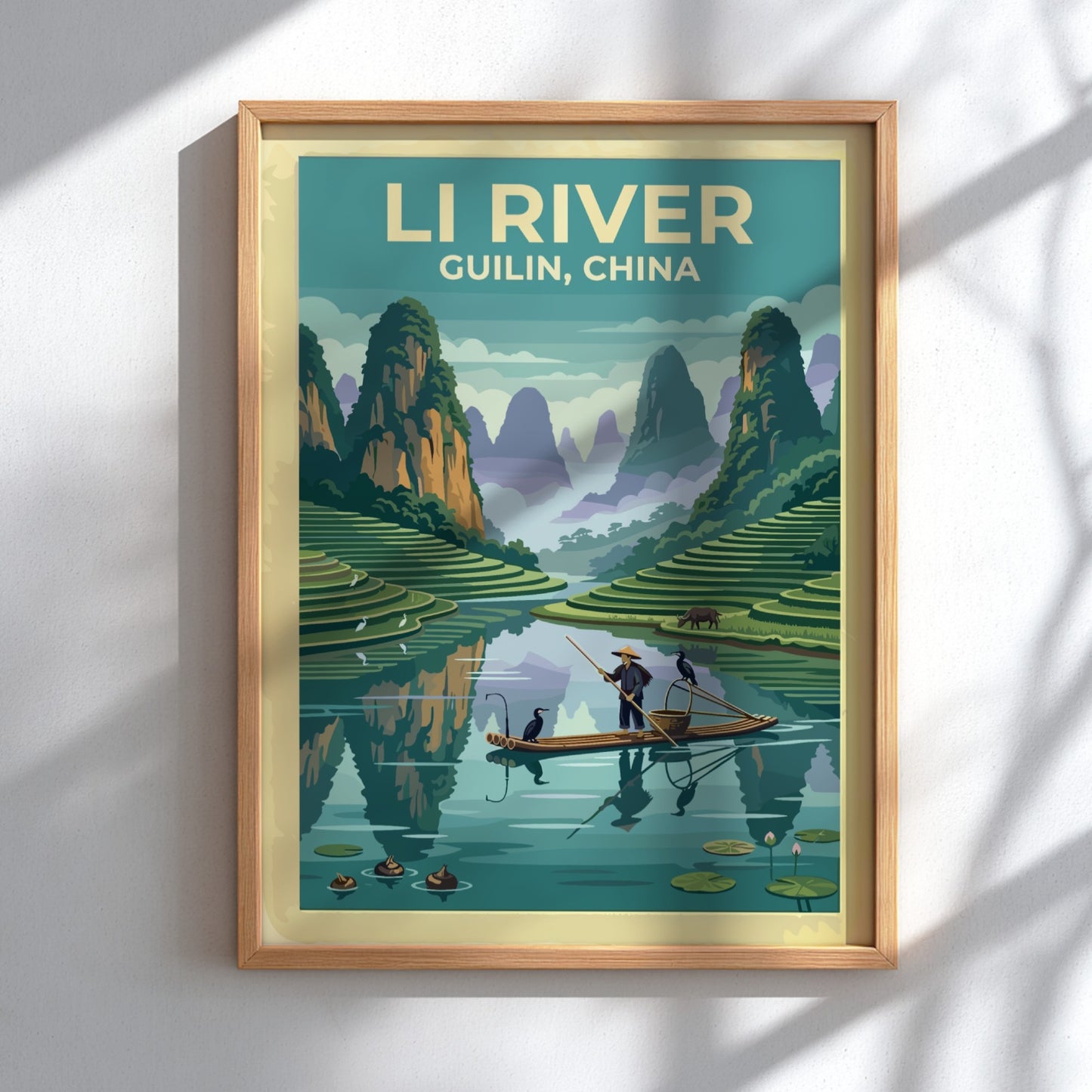 Travel poster of the Li River in Guilin featuring karst mountains and fishermen.