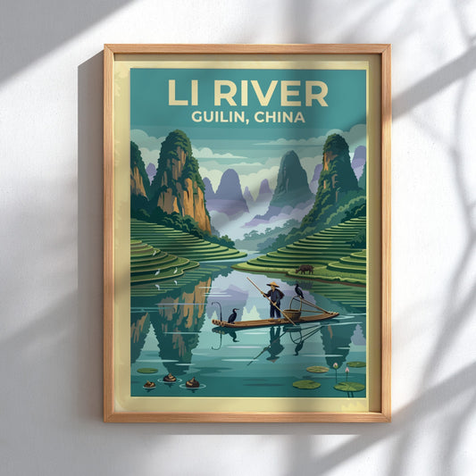 Travel poster of the Li River in Guilin featuring karst mountains and fishermen.