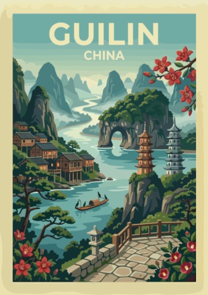 Guilin China travel poster with karst mountains, river, and pagodas in a vintage illustration style.