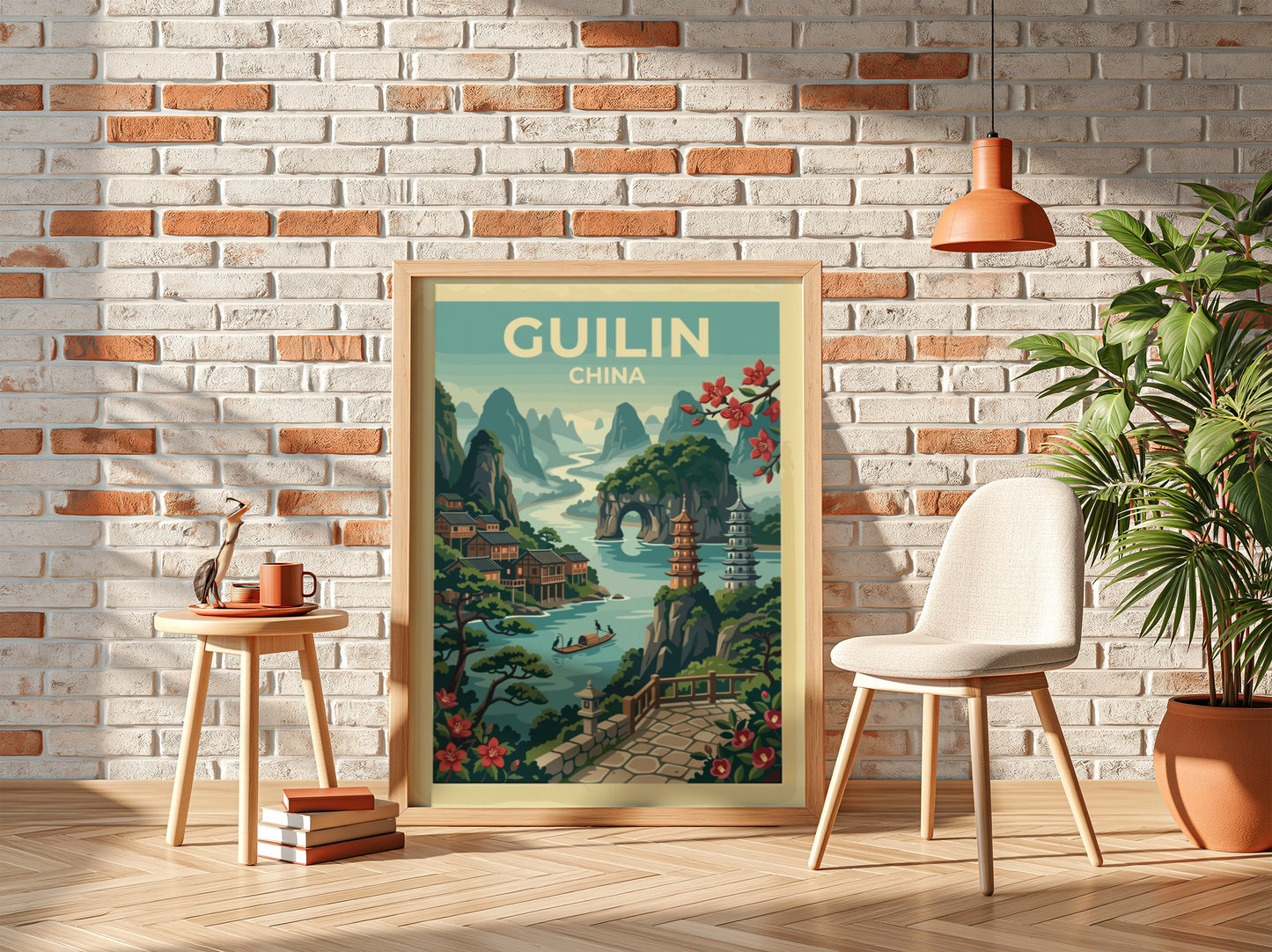 Guilin China travel poster with karst mountains, river, and pagodas in a vintage illustration style.