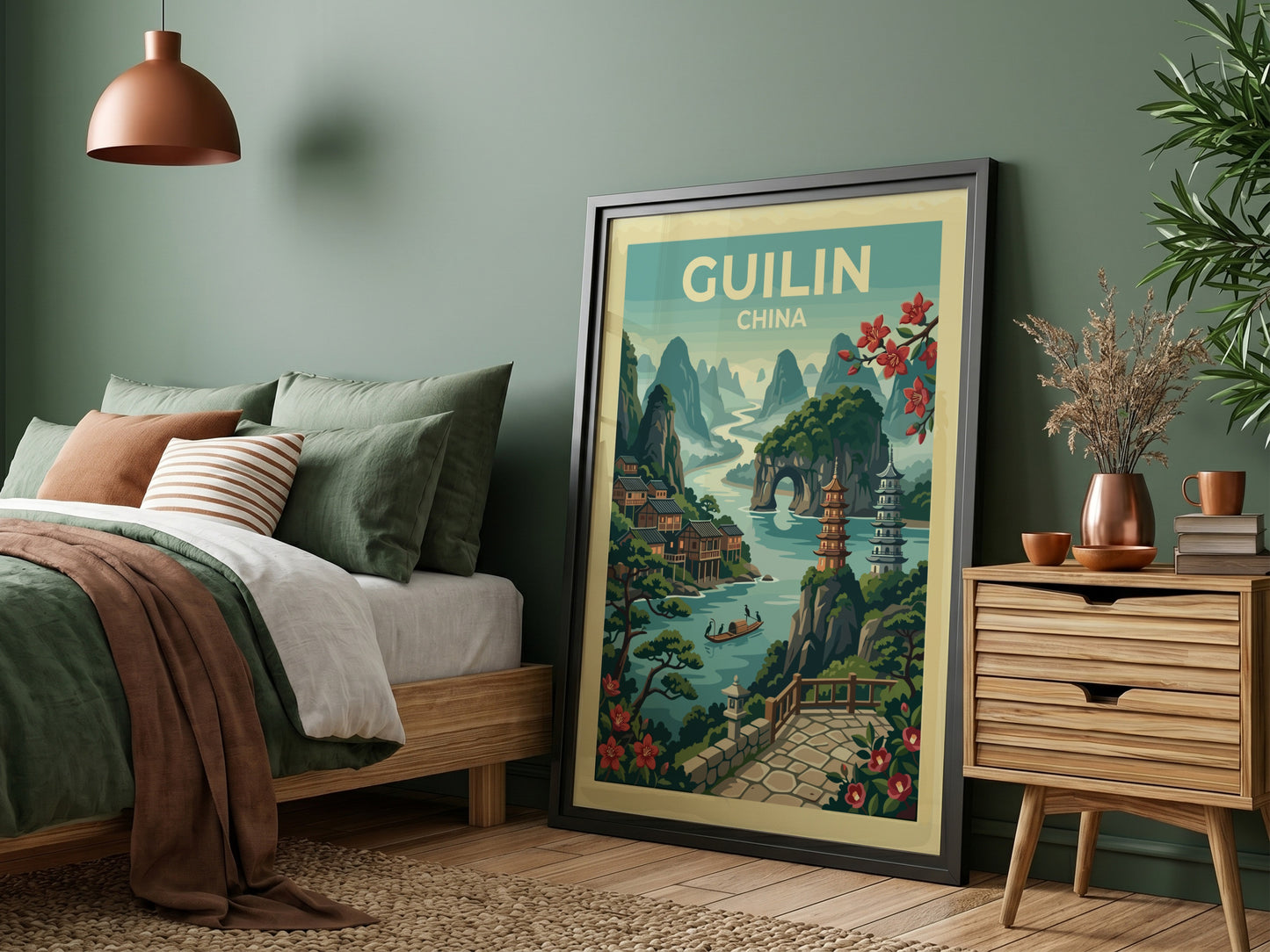 Guilin China travel poster with karst mountains, river, and pagodas in a vintage illustration style.