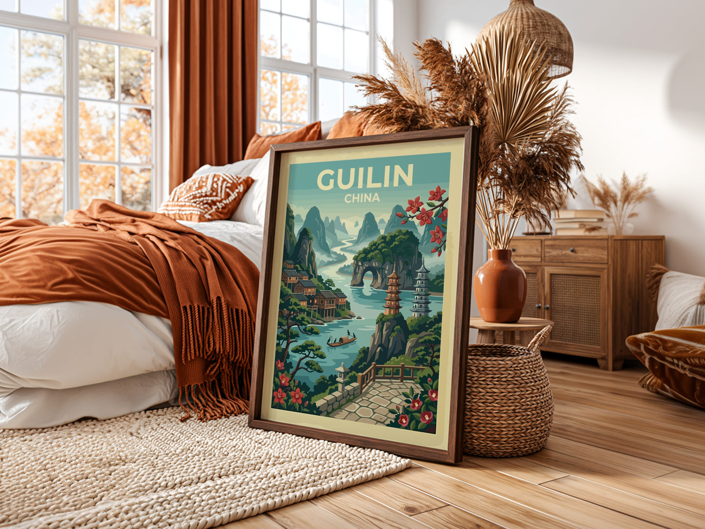 Guilin China travel poster with karst mountains, river, and pagodas in a vintage illustration style.