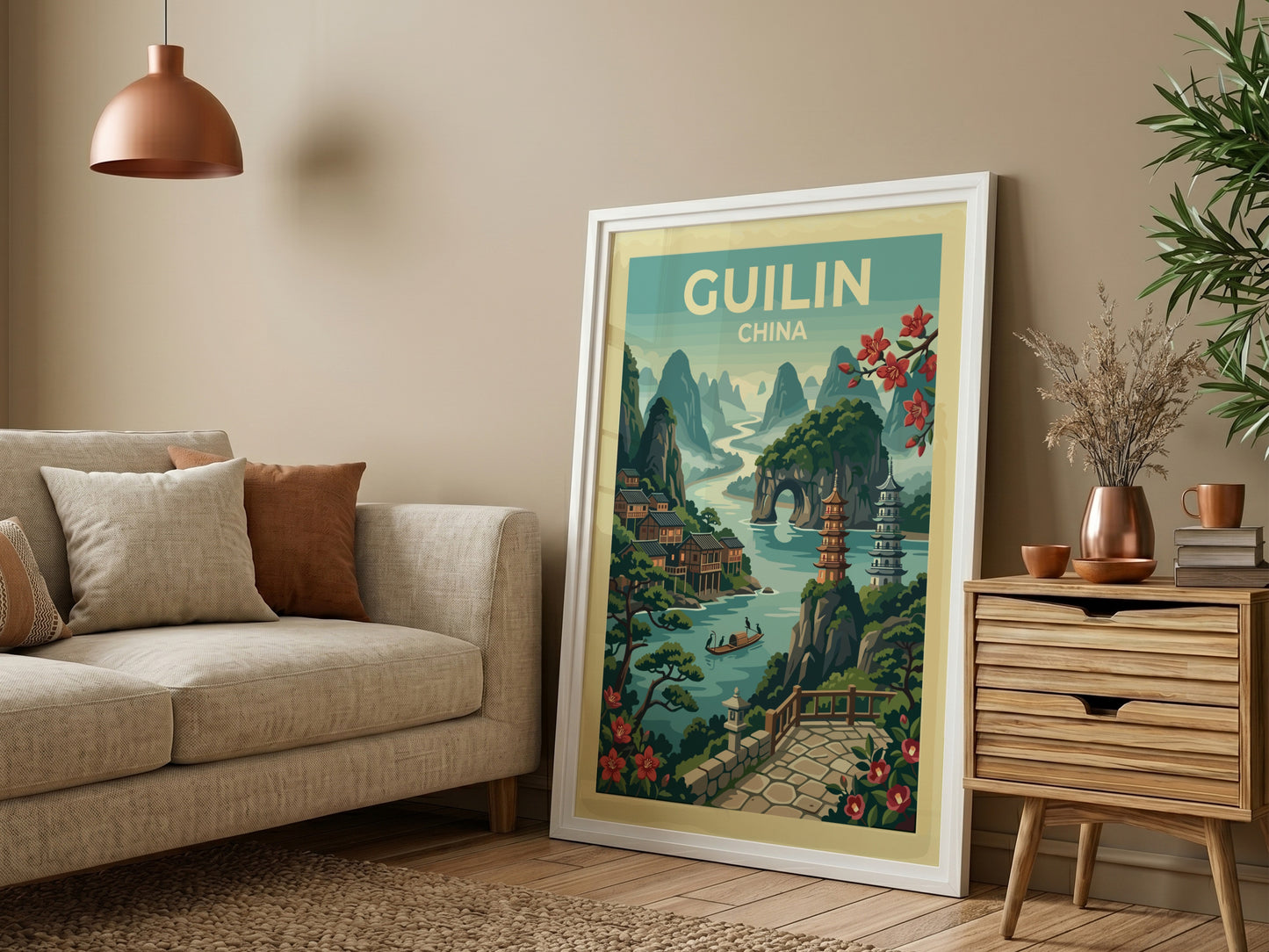 Guilin China travel poster with karst mountains, river, and pagodas in a vintage illustration style.
