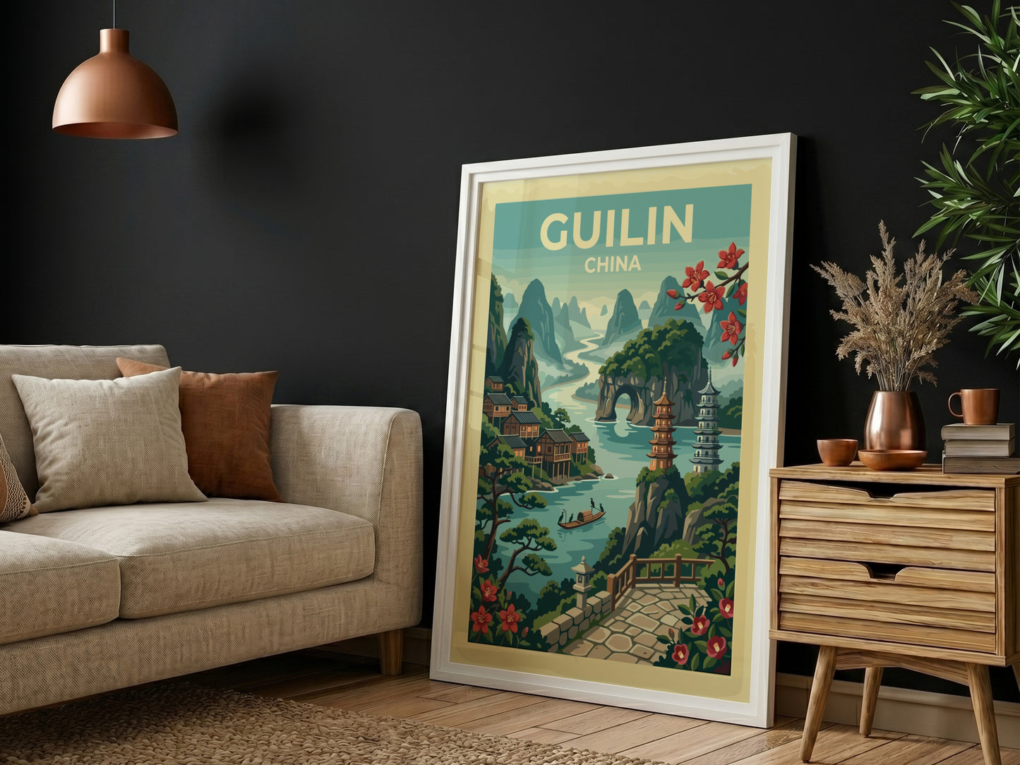 Guilin China travel poster with karst mountains, river, and pagodas in a vintage illustration style.