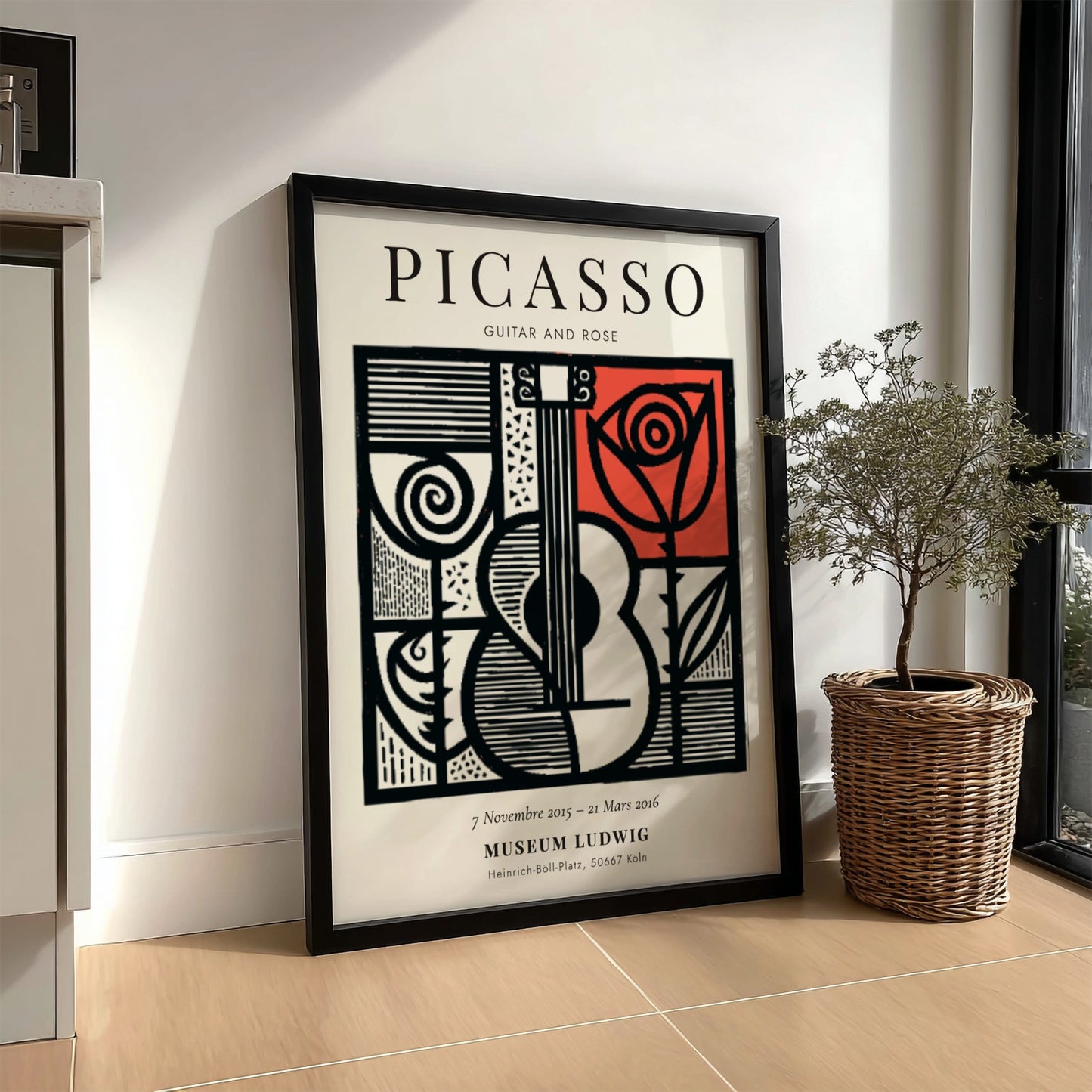 Guitar and rose poster inspired by Picasso with bold lines and vibrant colors