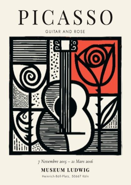 Guitar and rose poster inspired by Picasso with bold lines and vibrant colors