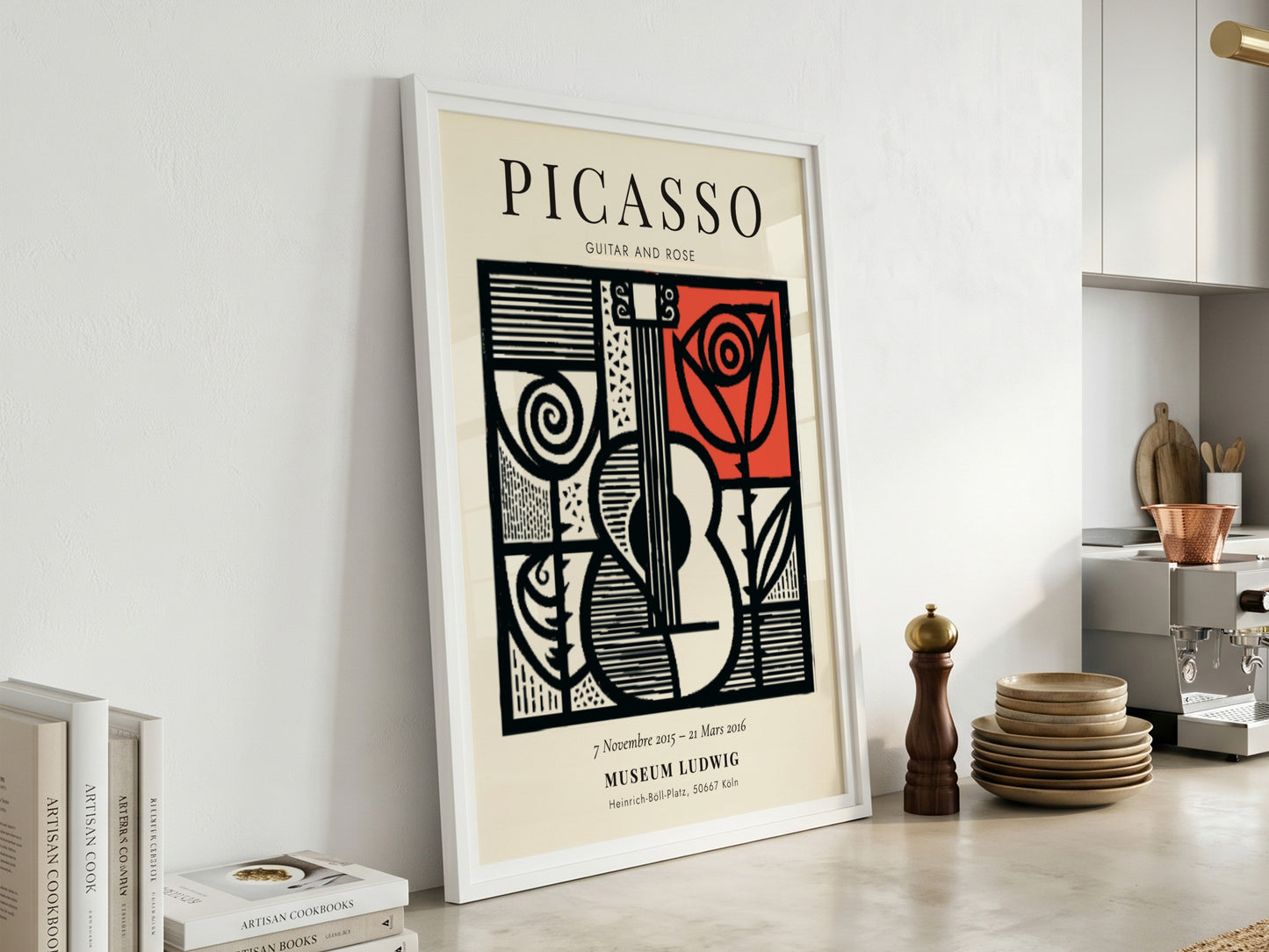 Guitar and rose poster inspired by Picasso with bold lines and vibrant colors