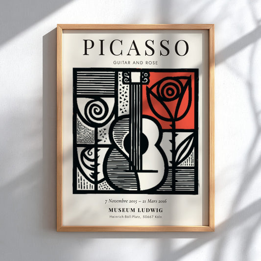 Guitar and rose poster inspired by Picasso with bold lines and vibrant colors