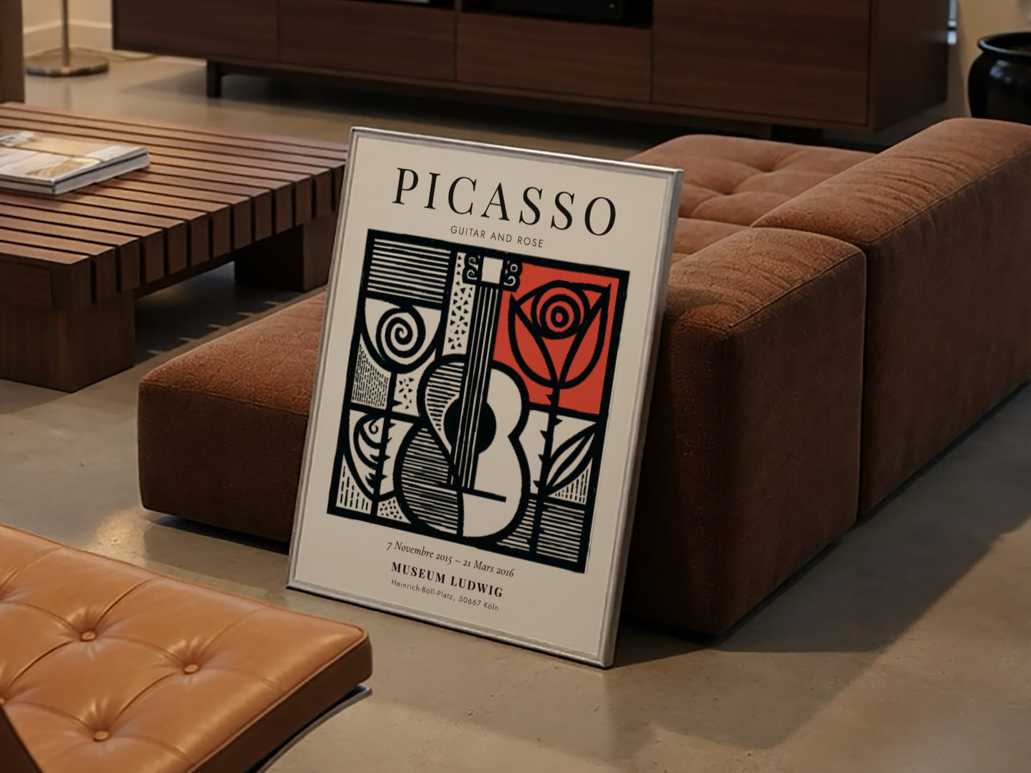 Guitar and rose poster inspired by Picasso with bold lines and vibrant colors