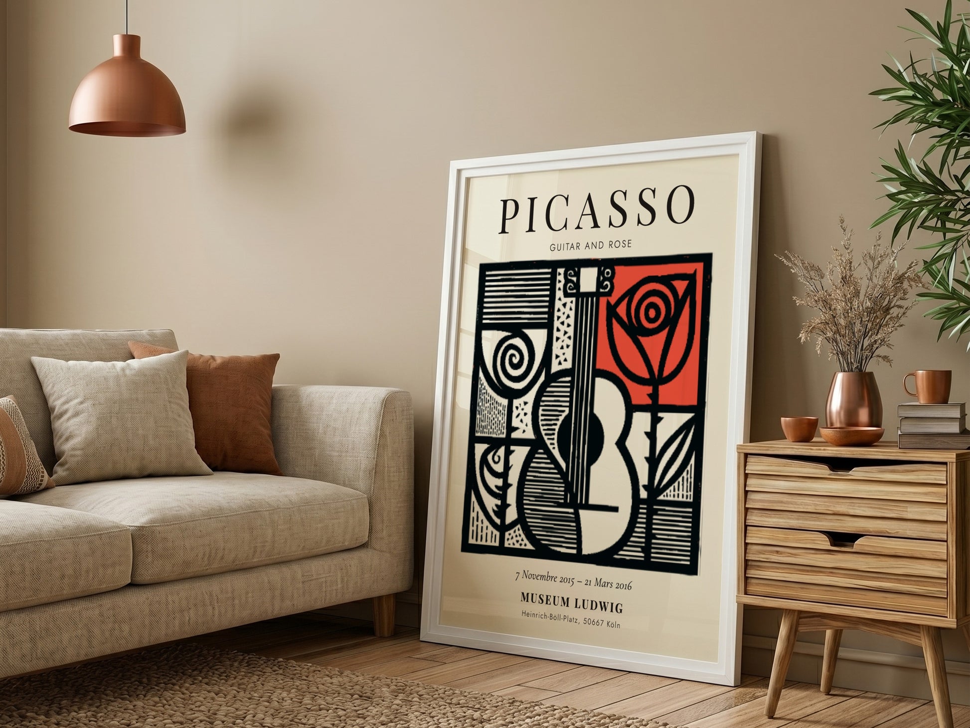 Guitar and rose poster inspired by Picasso with bold lines and vibrant colors