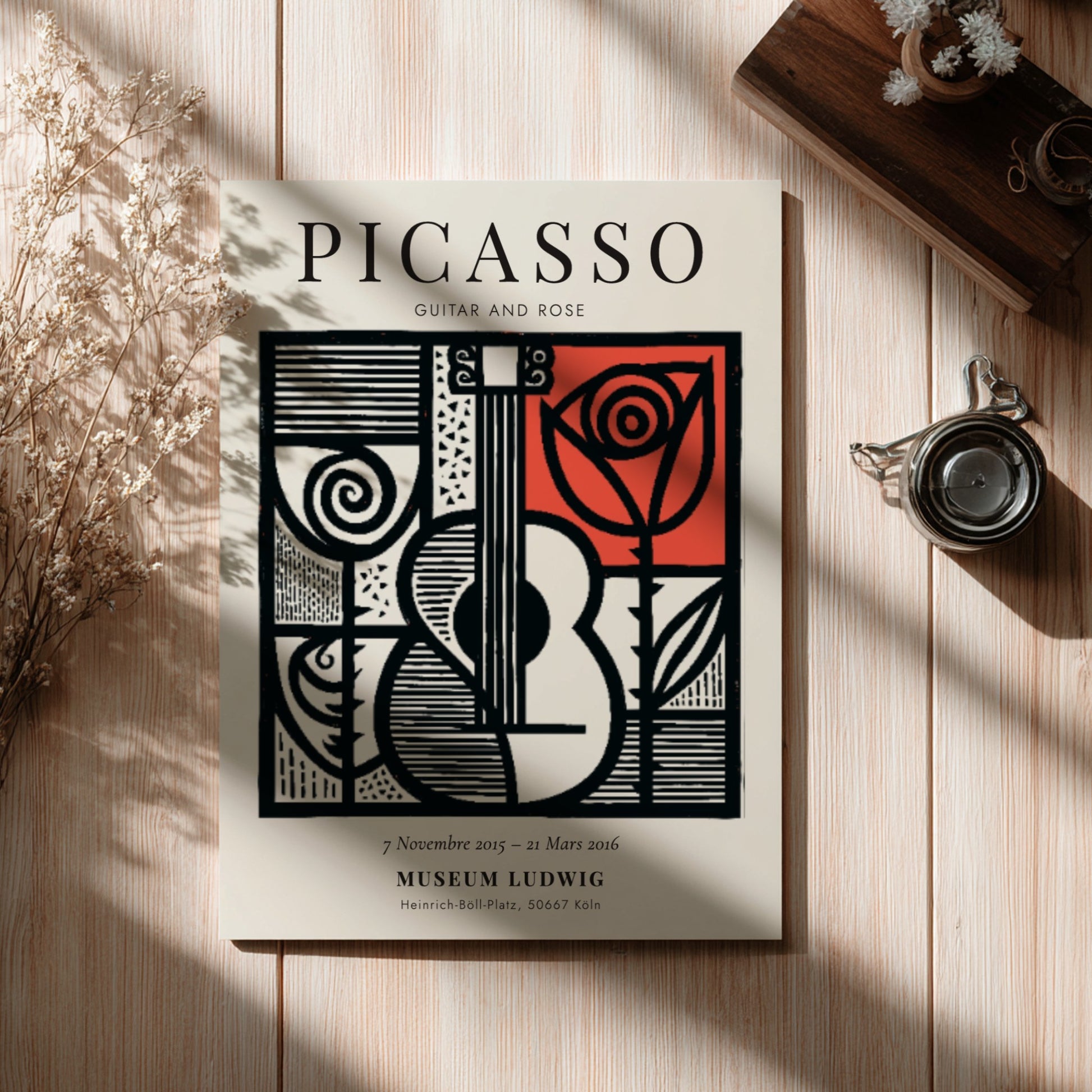Guitar and rose poster inspired by Picasso with bold lines and vibrant colors