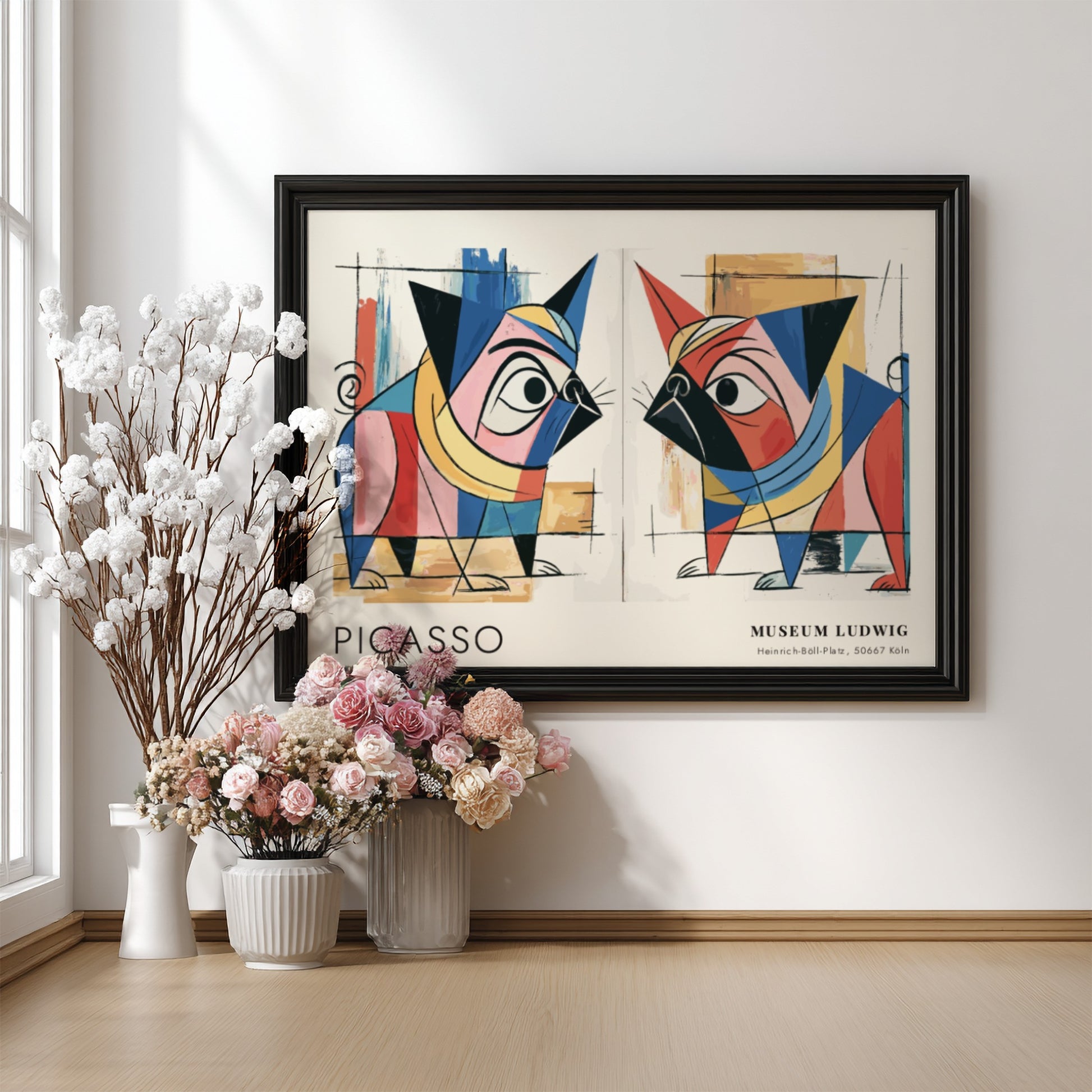 Pablo Picasso poster featuring Guitar and Rose design with vibrant colors and abstract shapes