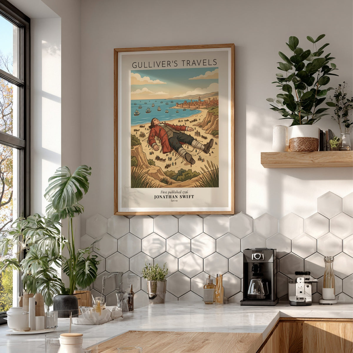 Poster of Gulliver tied down on a beach with tiny people and city