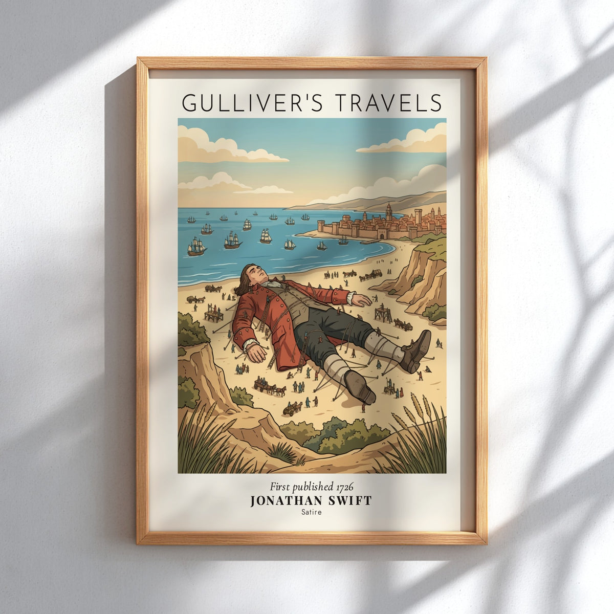 Poster of Gulliver tied down on a beach with tiny people and city
