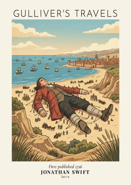 Poster of Gulliver tied down on a beach with tiny people and city