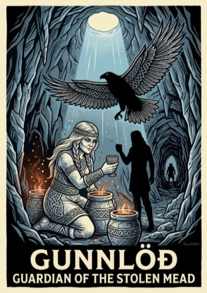 Norse mythology poster featuring Gunnlöð, a raven, and glowing mead jars inside a dark cavern.