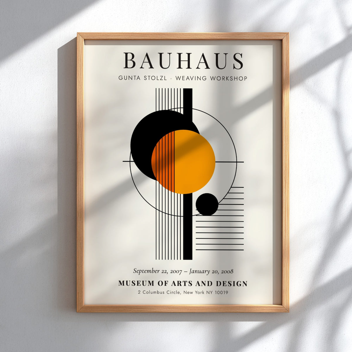 Bauhaus poster featuring abstract geometric shapes in orange and black, inspired by Gunta Stolzl's weaving