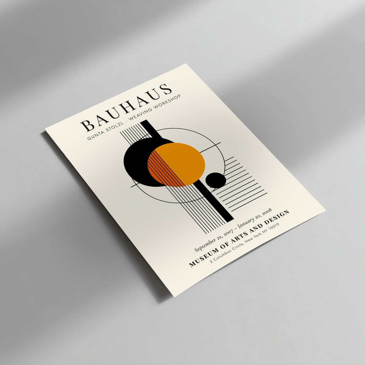 Bauhaus poster featuring abstract geometric shapes in orange and black, inspired by Gunta Stolzl's weaving