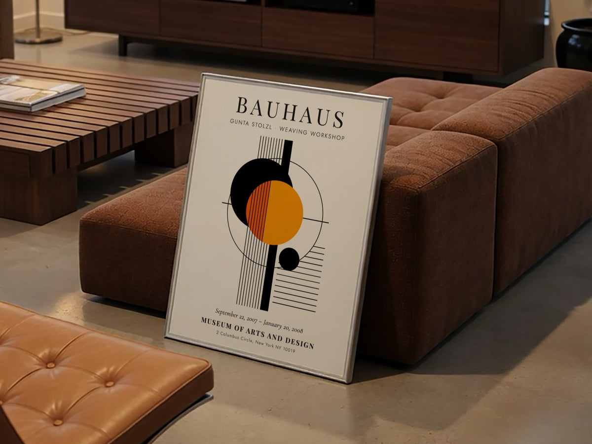 Bauhaus poster featuring abstract geometric shapes in orange and black, inspired by Gunta Stolzl's weaving