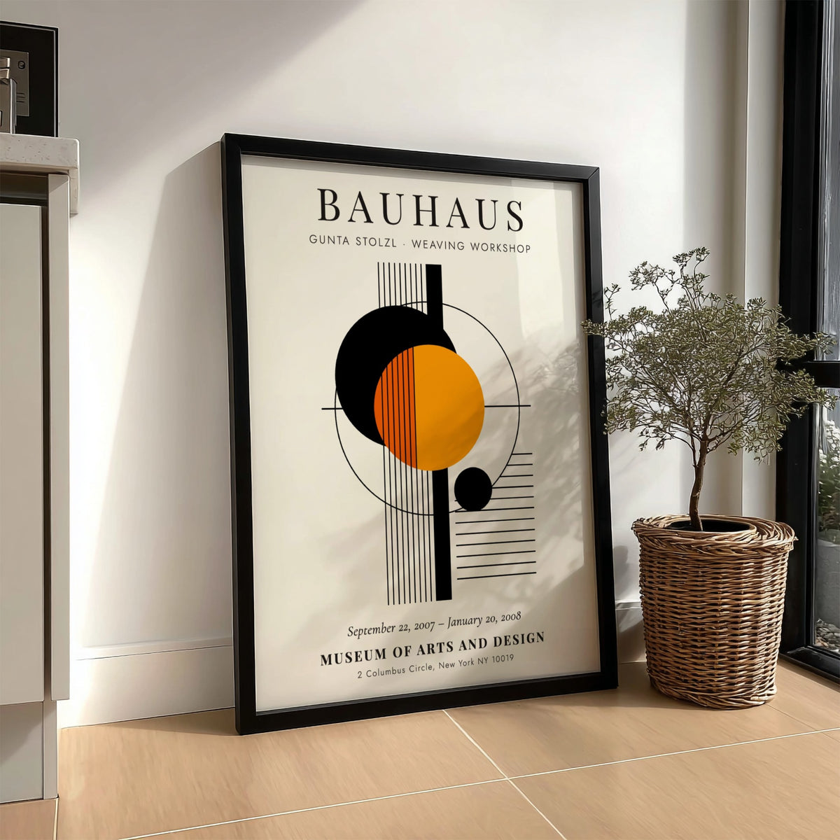Bauhaus poster featuring abstract geometric shapes in orange and black, inspired by Gunta Stolzl's weaving