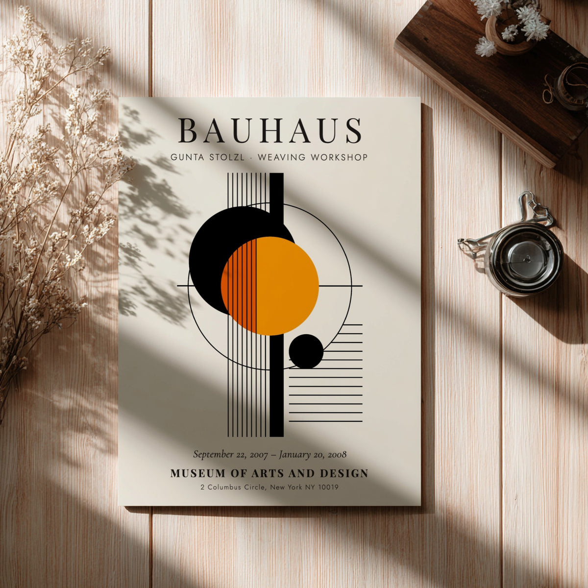 Bauhaus poster featuring abstract geometric shapes in orange and black, inspired by Gunta Stolzl's weaving