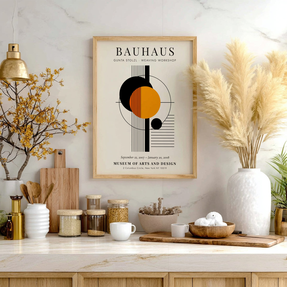 Bauhaus poster featuring abstract geometric shapes in orange and black, inspired by Gunta Stolzl's weaving