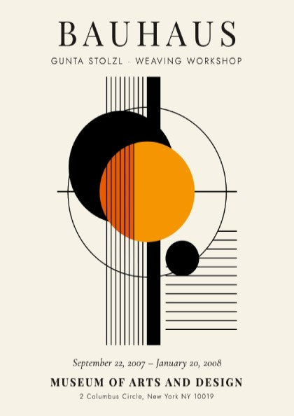 Bauhaus poster featuring abstract geometric shapes in orange and black, inspired by Gunta Stolzl's weaving