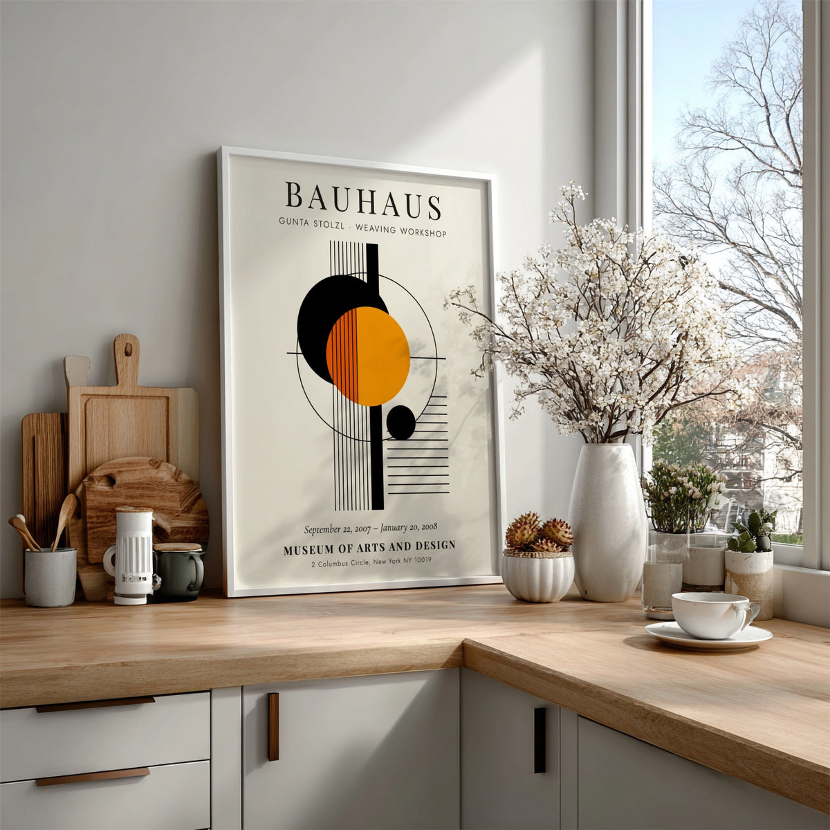 Bauhaus poster featuring abstract geometric shapes in orange and black, inspired by Gunta Stolzl's weaving
