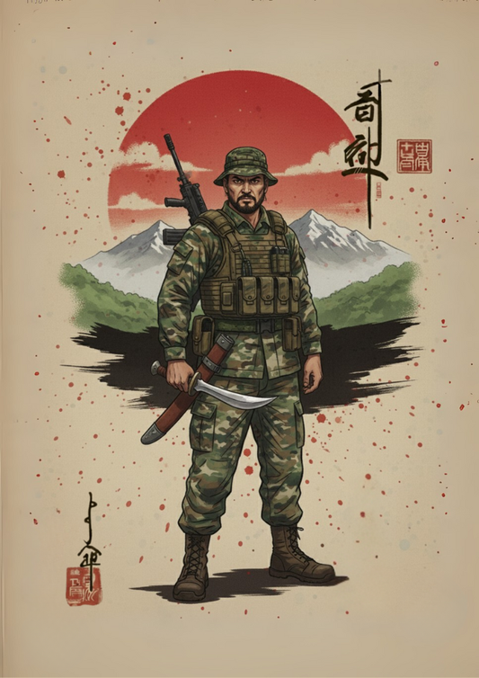 Illustration of a soldier in camouflage gear with a mountainous landscape and red sun in the background.