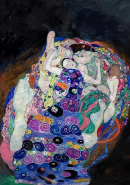 Gustav Klimt "The Virgin" poster featuring a cluster of figures in vibrant, patterned robes against a dark