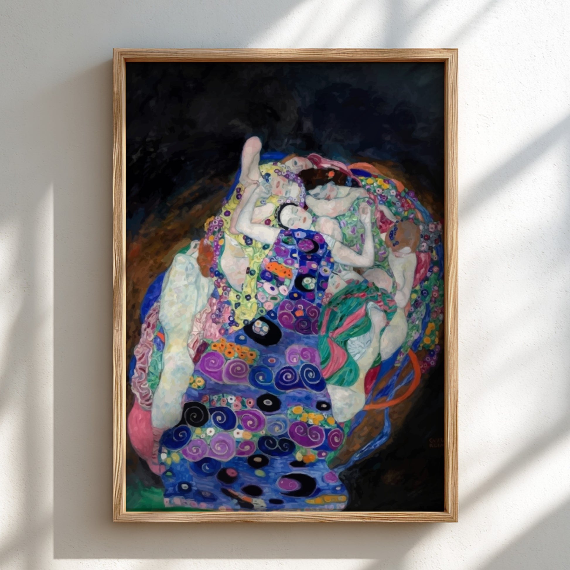 Gustav Klimt "The Virgin" poster featuring a cluster of figures in vibrant, patterned robes against a dark