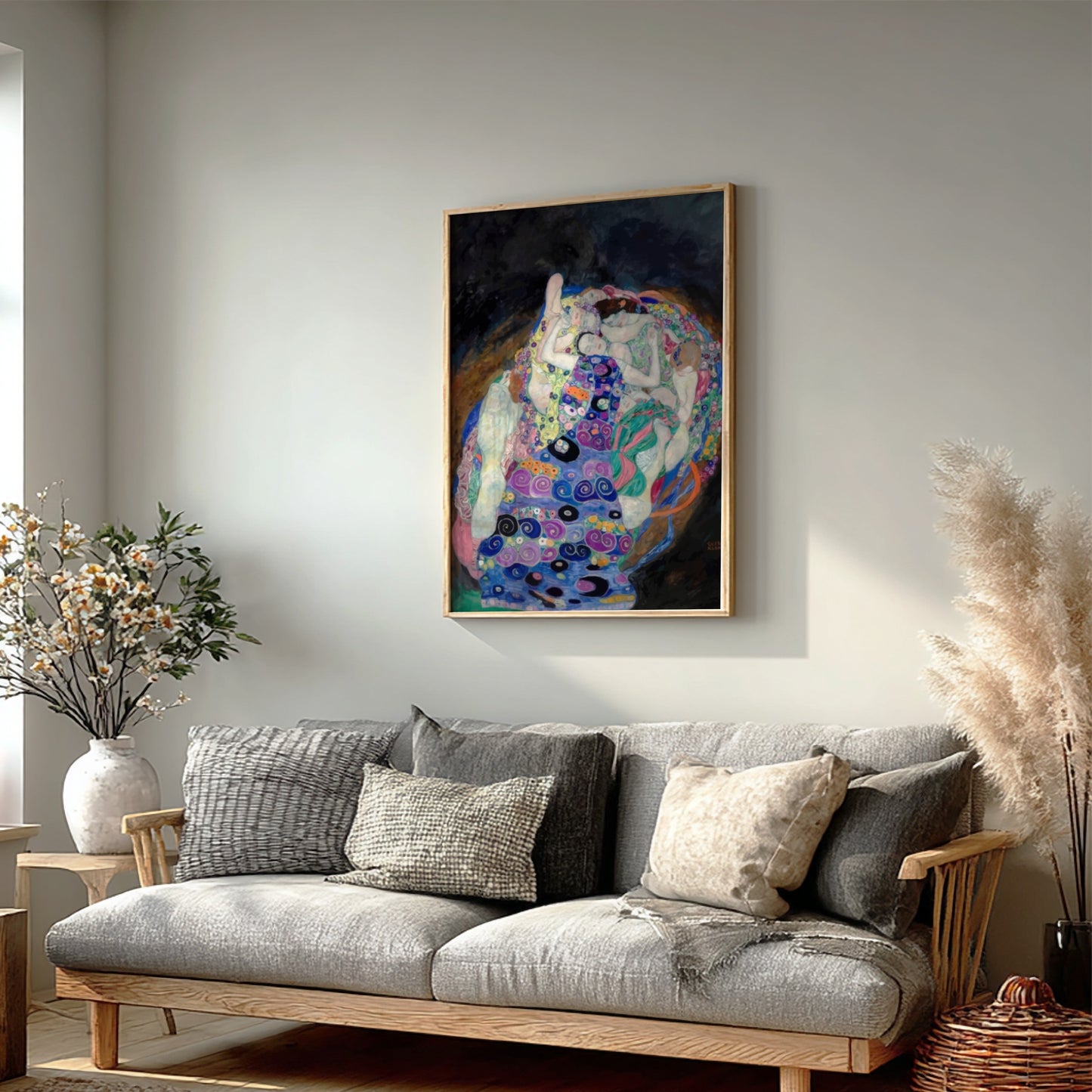 Gustav Klimt "The Virgin" poster featuring a cluster of figures in vibrant, patterned robes against a dark