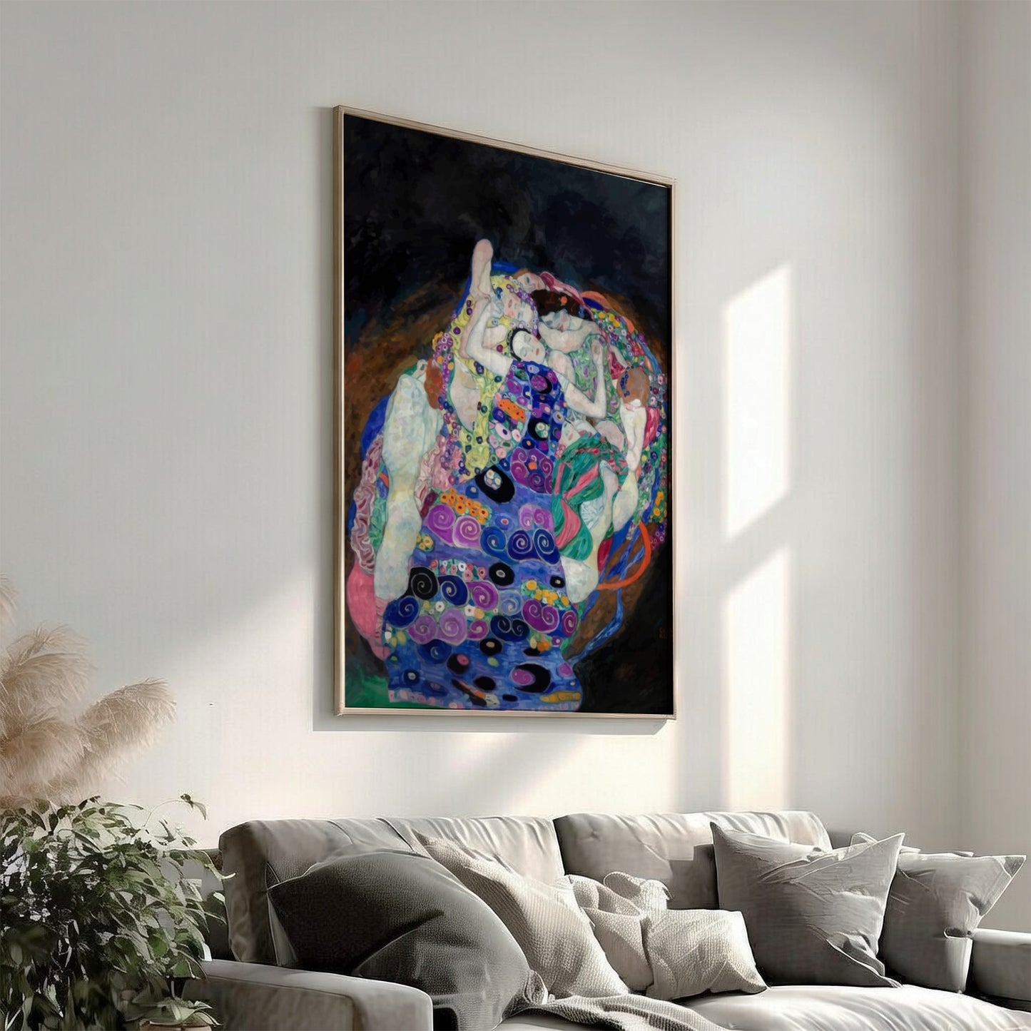 Gustav Klimt "The Virgin" poster featuring a cluster of figures in vibrant, patterned robes against a dark