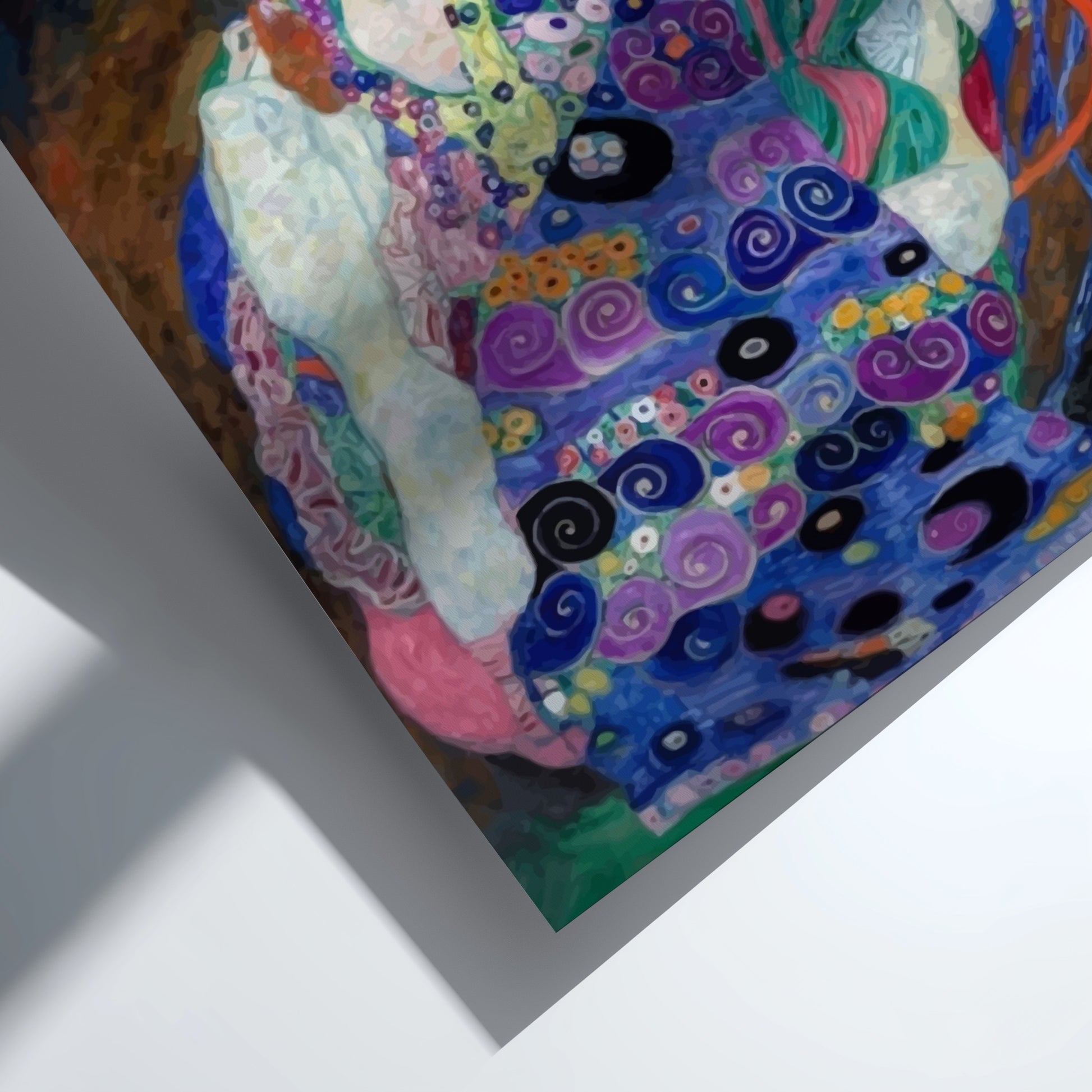 Gustav Klimt "The Virgin" poster featuring a cluster of figures in vibrant, patterned robes against a dark