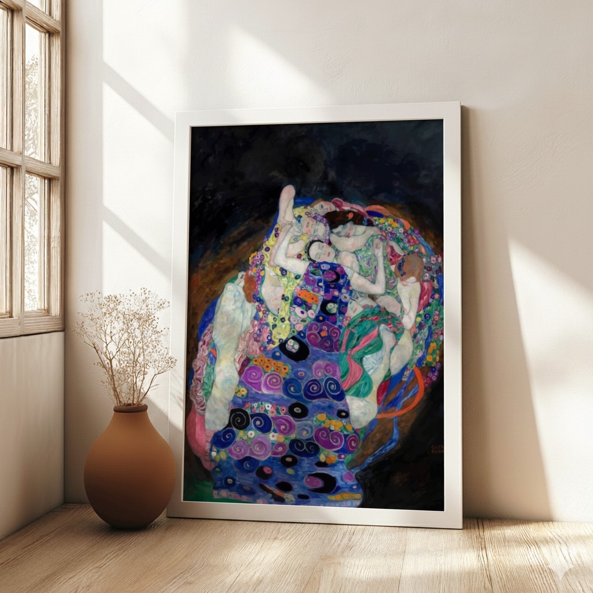 Gustav Klimt "The Virgin" poster featuring a cluster of figures in vibrant, patterned robes against a dark