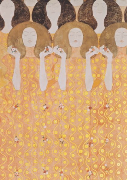 Gustav Klimt's "The Three Fates" poster featuring golden hues and Art Nouveau style figures.