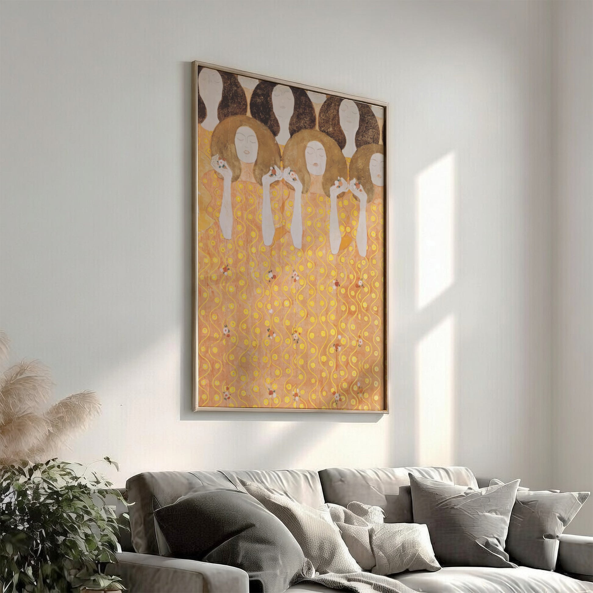 Gustav Klimt's "The Three Fates" poster featuring golden hues and Art Nouveau style figures.