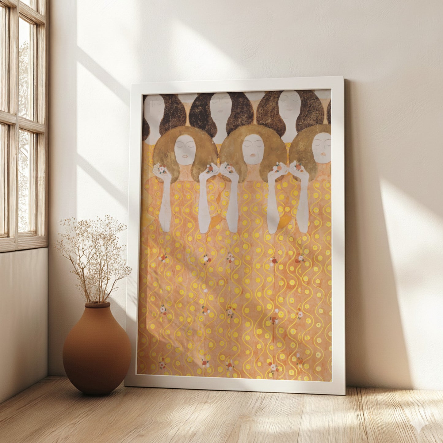 Gustav Klimt's "The Three Fates" poster featuring golden hues and Art Nouveau style figures.