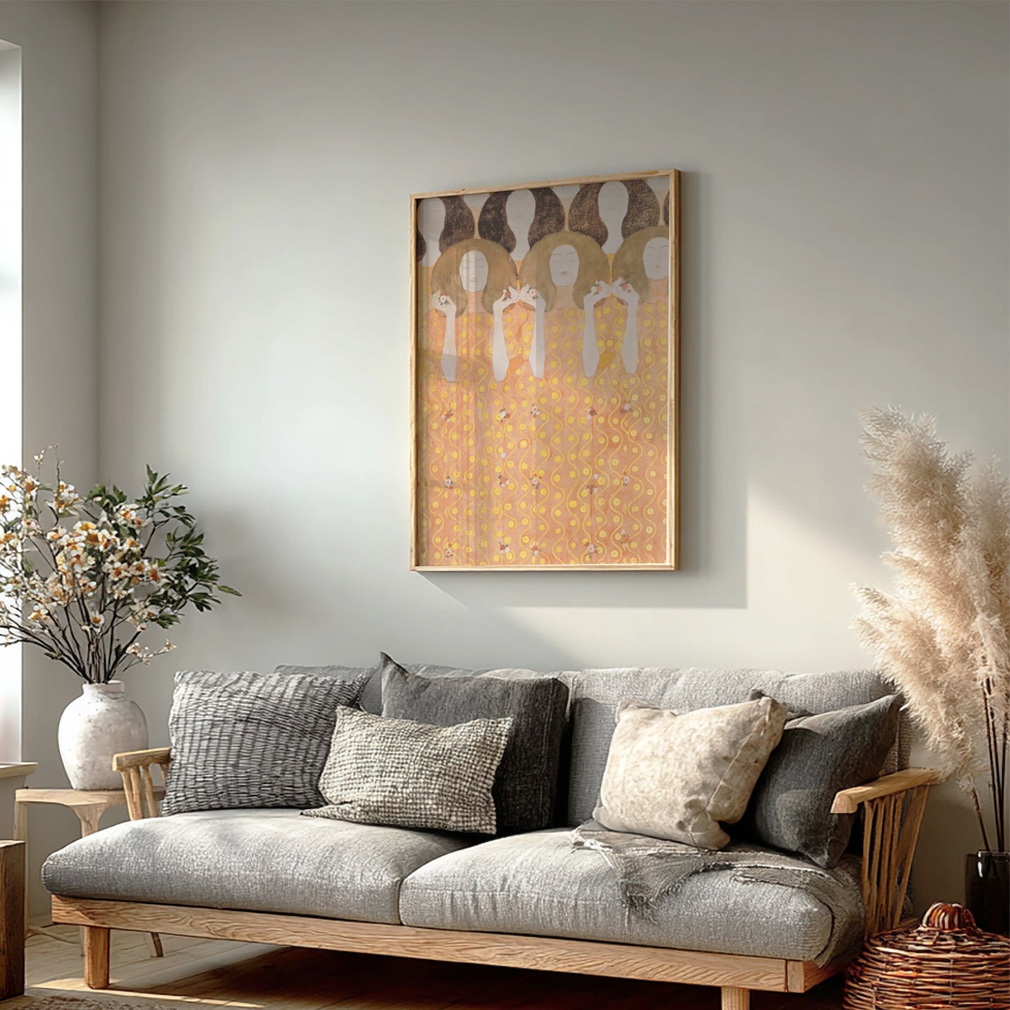 Gustav Klimt's "The Three Fates" poster featuring golden hues and Art Nouveau style figures.