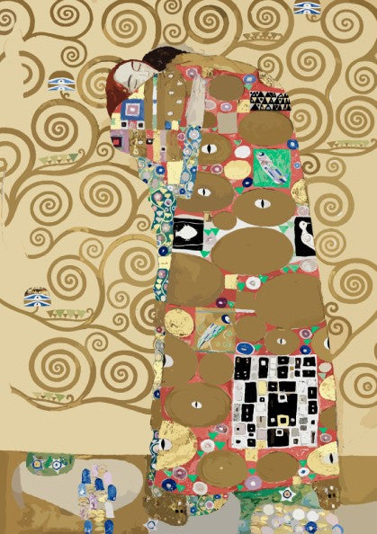 Gustav Klimt's "Fulfillment" poster featuring a couple embracing amidst swirling gold patterns and vibrant