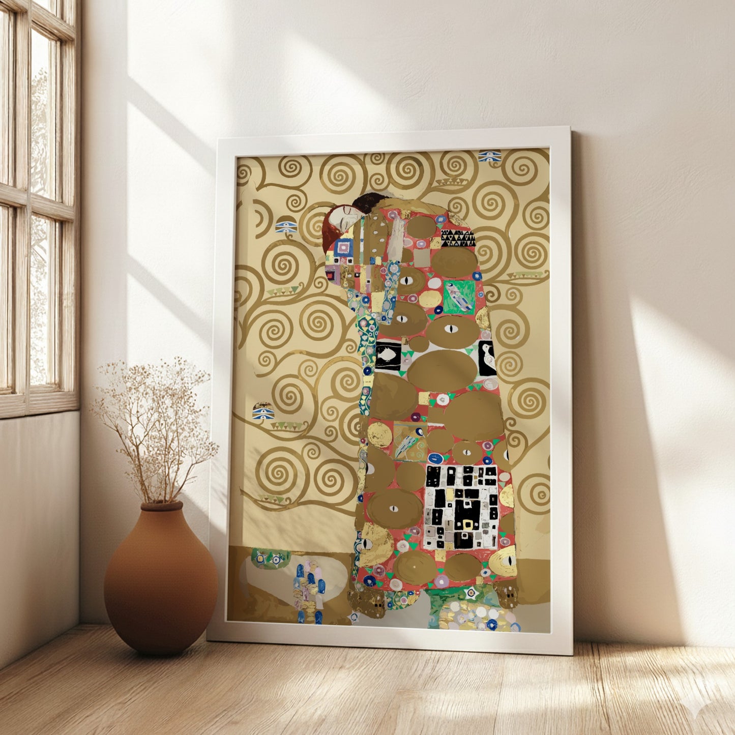 Gustav Klimt's "Fulfillment" poster featuring a couple embracing amidst swirling gold patterns and vibrant