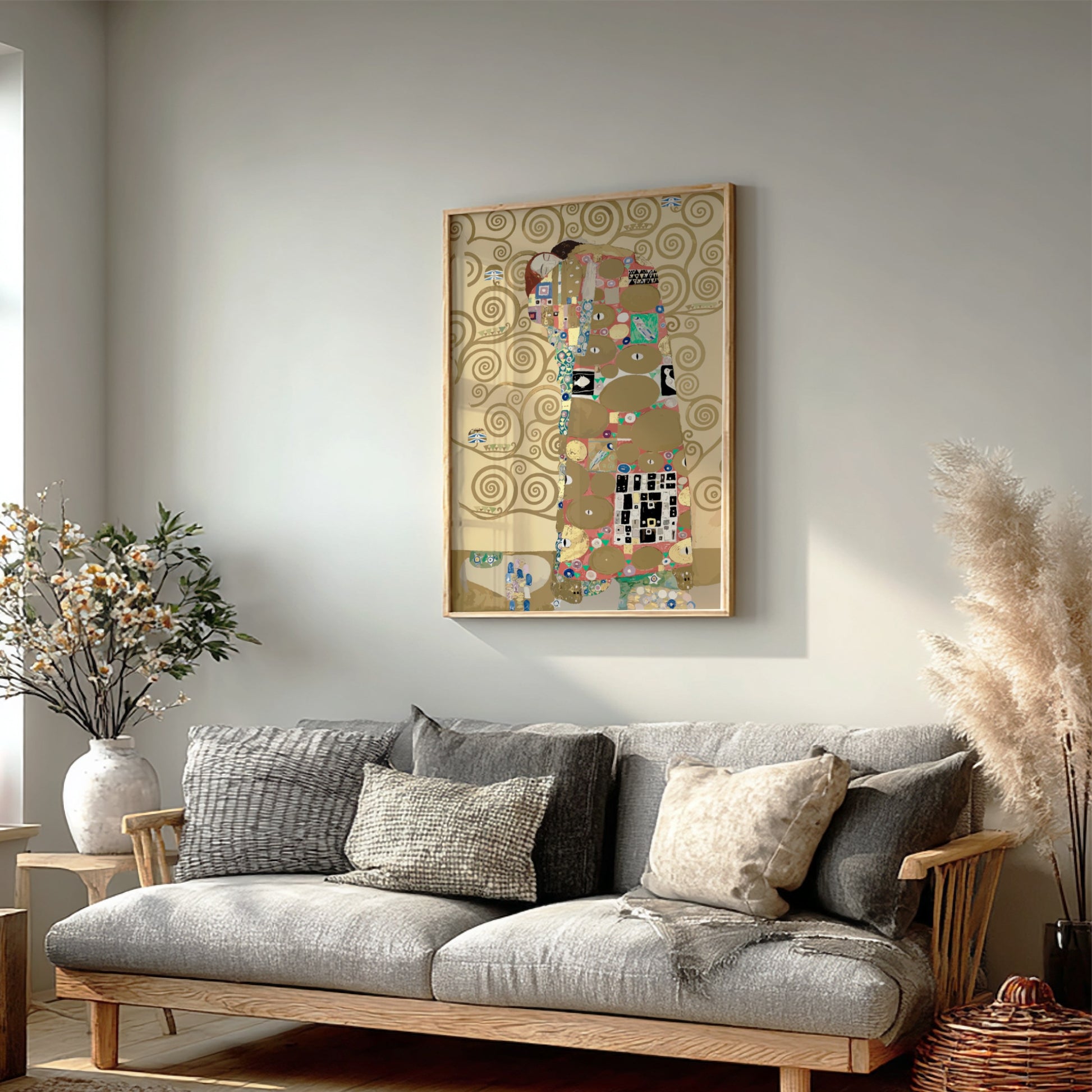 Gustav Klimt's "Fulfillment" poster featuring a couple embracing amidst swirling gold patterns and vibrant
