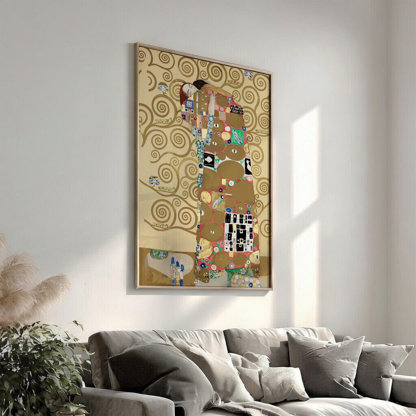 Gustav Klimt's "Fulfillment" poster featuring a couple embracing amidst swirling gold patterns and vibrant