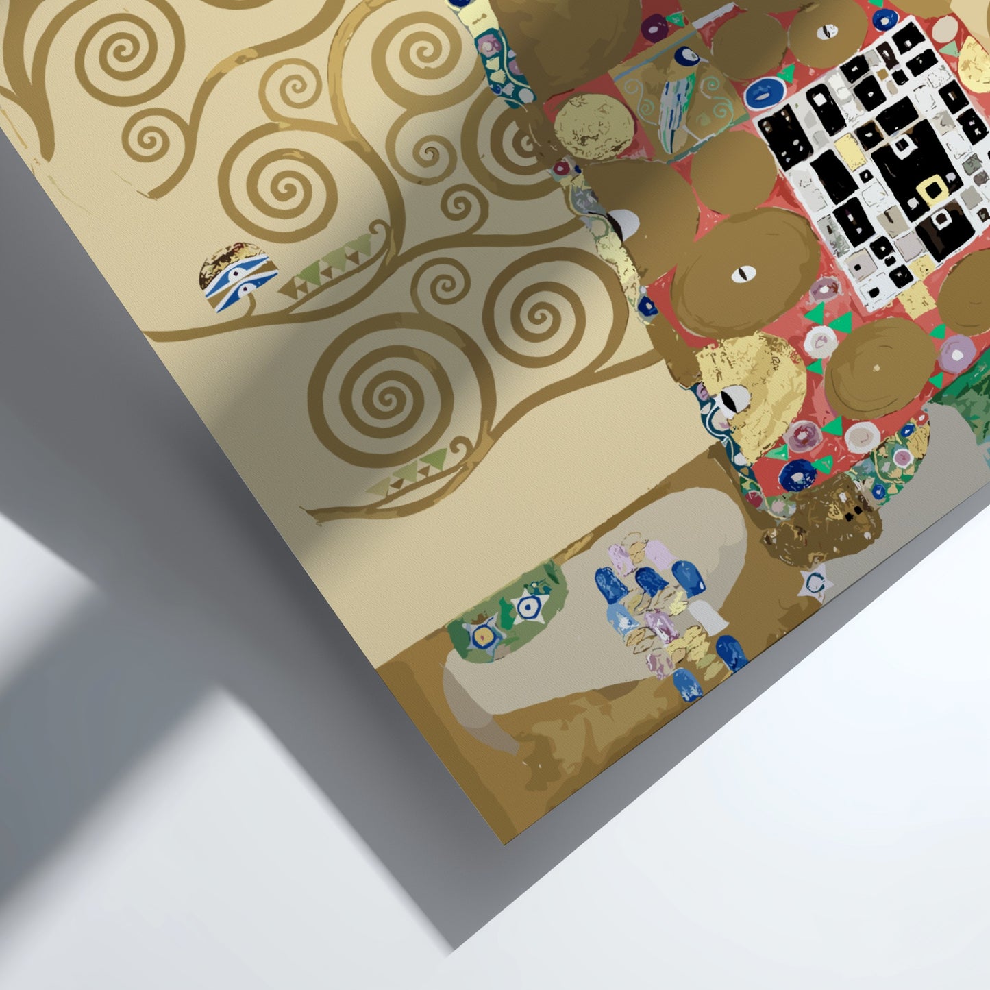 Gustav Klimt's "Fulfillment" poster featuring a couple embracing amidst swirling gold patterns and vibrant